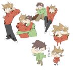  2boys animification antenna_hair arms_behind_head bad_id bad_twitter_id bandage_on_cheek black_pants black_shoes blush brown_hair brown_pants can cheek-to-cheek chinese_text cigar cola commentary doodle_inset drawstring drink drink_can drinking edd_(eddsworld) eddsworld flipped_hair green_hoodie hair_behind_ear hair_ears heads_together highres holding holding_can holding_drink hood hood_down hoodie hug jitome kiyoshi_st long_sleeves looking_at_another male_focus multiple_boys multiple_views mutual_hug pants procreate_(medium) quality reclining red_hoodie shoes short_hair simple_background sitting smile smoking sneakers tord_(eddsworld) translation_request white_background wide-eyed 