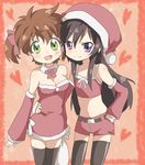  bad_id bad_pixiv_id blush brown_hair code_geass detached_sleeves dress flat_chest genderswap genderswap_(mtf) green_eyes hat luluko maruki_(punchiki) midriff multiple_girls purple_eyes santa_costume santa_hat short_hair shorts smile strapless strapless_dress suzako thighhighs 