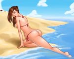  ass beach bikini breasts brown_hair day lips medium_breasts side-tie_bikini solo swimsuit thighs 