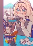 absurdres ak-12 ak-15_(erwin)_(girls'_frontline) ak-15_(girls'_frontline) alva_(girls'_frontline_2) an-94_(girls'_frontline) assault_rifle beach black_hairband black_necktie blonde_hair blue_eyes chopsticks commentary_request eating fighting food girls'_frontline greatyoruka63 gun hairband highres holding holding_food kalashnikov_rifle korean_commentary long_hair necktie ponytail rifle rpk-16_(girls'_frontline) sweater_vest table umbrella weapon 