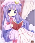  bad_id bad_pixiv_id blush book border bow dress hat long_hair maruki_(punchiki) patchouli_knowledge pink_bow purple_eyes purple_hair reading solo touhou younger 