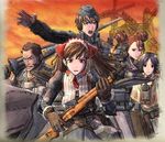  3girls alicia_melchiott artist_request blue_hair brigitte_stark brown_eyes brown_hair double_bun everyone fringe_trim gloves gun headphones isara_gunther lance largo_potter military military_uniform multiple_boys multiple_girls official_art polearm poncho red_hair rifle senjou_no_valkyria senjou_no_valkyria_1 short_hair twintails uniform weapon welkin_gunther 