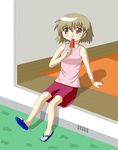  brown_eyes brown_hair casual dansora food fruit hidamari_sketch popsicle sandals short_hair solo watermelon watermelon_bar yuno 