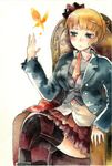  armchair bangs beatrice black_legwear blue_eyes blue_jacket blunt_bangs blush bug butterfly buttons chair expressionless hanokage insect jacket long_sleeves necktie pink_neckwear simple_background solo thighhighs umineko_no_naku_koro_ni white_background zettai_ryouiki 