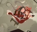  2girls akemi_homura akemi_homura_(magical_girl) argyle_clothes argyle_pantyhose black_hair black_sleeves black_thighhighs blush boots bow bowtie braid capelet carrying carrying_person detached_sleeves dress falling floating_hair frills glasses hair_floating_upwards hair_ribbon high_ponytail leg_up long_hair looking_at_another mahou_shoujo_madoka_magica multiple_girls official_alternate_hairstyle opaque_glasses open_mouth ponytail princess_carry red-framed_eyewear red_boots red_dress red_hair ribbon ribbon_braid sakura_kyoko sakura_kyoko_(magical_girl) she_li_(lynxm) smoke soul_gem thigh_boots thighhighs twin_braids 