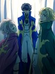  2boys anya_alstreim arms_behind_back belt black_hair blonde_hair brown_hair buckle cape coat code_geass gino_weinberg kl knights_of_the_round knights_of_the_round_uniform kururugi_suzaku long_sleeves looking_at_viewer mask military multiple_boys pant pillar pink_hair short_hair silver_hair 