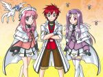  1boy 2girls adapted_costume aged_up alternate_costume asclepius_(nanoha) bad_anatomy blue_eyes bow brown_hair cape caro_ru_lushe coat commentary_request crossed_arms dragon erio_mondial fingerless_gloves friedrich_(nanoha) gloves kerykeion_(nanoha) lutecia_alpine lyrical_nanoha magic_circle magical_boy magical_girl mahou_shoujo_lyrical_nanoha_strikers miniskirt multiple_girls open_clothes open_coat pink_bow pink_hair purple_hair red_eyes revision ryuhisho skirt thighhighs white_bow zettai_ryouiki 
