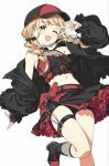  arm_up armpits bare_legs bare_shoulders baseball_cap belt black_jacket black_shorts blonde_hair boots bow braid breasts chain commentary_request crop_top ezo_egg fishnet_socks fishnet_top fishnets frilled_shirt frills fujita_kotone gakuen_idolmaster hat highres idolmaster jacket jacket_partially_removed legband long_hair long_sleeves navel petticoat red_belt red_bow shirt short_shorts shorts simple_background small_breasts socks stomach strap twin_braids v white_background yellow_eyes 