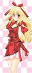  adjusting_hair bangs blonde_hair blush bow breasts checkered checkered_background cleavage cleavage_cutout curly_hair dress fukuyama_lisa girls_bravo gloves hair_between_eyes hair_bow hair_ribbon hand_in_hair hand_on_own_shoulder long_hair looking_at_viewer mario_kaneda medium_breasts official_art pleated_dress purple_eyes ribbon short_dress sidelocks smile solo standing turtleneck 