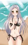  bad_id bad_pixiv_id beach bikini blush gokugetsu_momo grey_hair gundam gundam_00 long_hair ocean side-tie_bikini solo soma_peries swimsuit yellow_eyes 