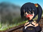  &gt;_&lt; black_hair blush closed_eyes ground_vehicle japan_railways personification railroad_tracks smoke solo train 