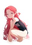  1girl absurdres alternate_costume barefoot blue_archive blue_eyes bow commentary forehead hair_bow highres long_hair looking_at_viewer maochibuqihuyu missing_halo name_tag red_hair school_swimsuit simple_background solo squatting swimsuit tiptoes untranslatable_commentary white_background yuzu_(blue_archive) 