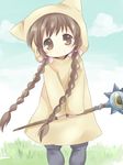  animal_ears animal_hood bad_id bad_pixiv_id braid brown_eyes brown_hair cat_hood hood kukuri long_hair mahoujin_guruguru maruki_(punchiki) smile solo staff twin_braids 