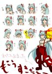  are_you_talking_about_kuririn blood blue_hair clenched_teeth expressions fire fujiwara_no_mokou grin highres long_hair makoto_jon pants parody red_eyes ribbon smile suspenders tears teeth touhou translated yandere 