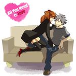  1girl couch couple denim grey_hair hetero jeans nagisa_kaworu neon_genesis_evangelion orange_hair pants red_eyes regain shirt shoes souryuu_asuka_langley t-shirt thighhighs 