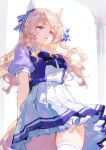 1girl animal_ears blonde_hair blue_eyes blush bow bowtie breasts commentary ear_covers hair_between_eyes horse_ears horse_girl horse_tail long_hair medium_breasts niim open_mouth pleated_skirt puffy_short_sleeves puffy_sleeves purple_bow purple_bowtie purple_shirt sailor_collar sailor_shirt school_uniform shirt short_sleeves single_ear_cover skirt solo tail thighhighs thighs tracen_school_uniform umamusume untranslatable_commentary victoire_pisa_(umamusume) white_sailor_collar white_skirt white_thighhighs zettai_ryouiki 