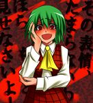  ascot blush green_hair hand_on_own_cheek kazami_yuuka makoto_jon open_mouth plaid plaid_skirt plaid_vest red_eyes short_hair skirt skirt_set slit_pupils solo touhou translated upper_body vest 