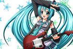  amanatsu_mikan aqua_eyes aqua_hair detached_sleeves guitar hatsune_miku highres instrument long_hair microphone necktie skirt solo star twintails vocaloid 