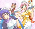  alternate_costume animal_ears blue_hair bun_cover cat_ears estellise_sidos_heurassein hair_bun judith maid multiple_girls nishiwaki pink_hair pointy_ears rita_mordio short_hair tales_of_(series) tales_of_vesperia waitress 