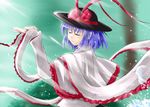  blue_hair dancing hat miyako_(ta183) nagae_iku ribbon short_hair solo touhou 