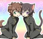  animal_ears ashford_academy_uniform bad_id bad_pixiv_id blush cat_ears cat_tail catboy cheek-to-cheek code_geass dog_ears dog_tail dogboy green_eyes kneeling kururugi_suzaku lelouch_lamperouge male_focus maruki_(punchiki) multiple_boys purple_eyes rainbow_background school_uniform short_hair symmetry tail younger 