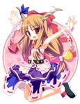  :d arm_up blue_dress blush bow brown_hair chain cuffs dress full_body hair_ribbon ibuki_suika layered_dress long_hair looking_at_viewer looking_back low-tied_long_hair meito_(maze) open_mouth red_bow red_eyes ribbon shackles shoes smile solo tareme touhou 