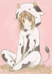  animal_costume animal_print bad_id bad_pixiv_id blush brown_eyes brown_hair copyright_request cow_costume cow_print cow_tail hood horns maruki_(punchiki) smile solo tail 
