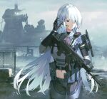  1girl absurdres ak-15 ak-15_(girls'_frontline) artificial_eye assault_rifle black_gloves black_pants braid breasts buckle bulletproof_vest closed_mouth combat_knife commentary cowboy_shot earpiece girls'_frontline girls'_frontline_2:_exilium gloves grey_hair groin gun hair_between_eyes hair_over_one_eye handgun heianjian highres holding holster holstered kalashnikov_rifle knife large_breasts leg_armor long_hair midriff navel outdoors pants pouch purple_eyes red_pupils rifle sheath sheathed shirt sidelocks snap-fit_buckle snowing solo standing tactical_clothes thigh_holster voymastina_(girls'_frontline_2) weapon 