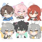  3boys 3girls ahoge alternate_hairstyle aqua_necktie bare_shoulders black-framed_eyewear black_choker black_gloves black_hair black_shrug black_sleeves blue_eyes blue_scarf blush_stickers breasts bright_pupils brown_dress brown_eyes brown_hair caelus_(honkai:_star_rail) choker closed_mouth commentary cosplay cropped_torso crossover dan_heng_(honkai:_star_rail) detached_collar detached_sleeves dress drill_hair drill_sidelocks english_commentary eyelashes eyeliner fingerless_gloves glasses gloves green_eyes grey_hair hair_between_eyes hair_ornament hair_ribbon hairclip hand_on_own_chest hand_up hatsune_miku hatsune_miku_(cosplay) headphones heart highres himeko_(honkai:_star_rail) honkai:_star_rail honkai_(series) index_finger_raised jacket kagamine_len kagamine_len_(cosplay) kagamine_rin kagamine_rin_(cosplay) kaito_(vocaloid) kaito_(vocaloid)_(cosplay) large_breasts long_hair long_sleeves looking_at_viewer makeup march_7th_(honkai:_star_rail) megurine_luka megurine_luka_(cosplay) meiko_(vocaloid) meiko_(vocaloid)_(cosplay) microphone multicolored_eyes multicolored_hair multiple_boys multiple_girls neck_ribbon neckerchief necktie one_eye_closed open_mouth pink_hair plaid_background purple_eyes ranpk15 red_eyeliner red_hair red_vest ribbon sailor_collar scarf shirt short_hair short_sleeves short_twintails shrug_(clothing) sidelocks sleeveless sleeveless_shirt smile star_(symbol) star_symbol_background stelle_(honkai:_star_rail) streaked_hair topknot trailblazer_(honkai:_star_rail) twintails upper_body v v-shaped_eyebrows vest vocaloid watermark wavy_hair welt_yang white_background white_hair white_jacket white_pupils white_ribbon white_shirt wide_sleeves wing_collar wristband yellow_eyes yellow_neckerchief yellow_necktie yellow_ribbon 