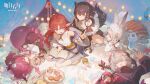  5girls ^_^ ahoge animal_ear_fluff animal_ears arknights bandaid bandaid_on_knee bandaid_on_leg bare_shoulders book breasts brown_hair brown_jacket burnt_clothes cake candy chinese_commentary closed_eyes commentary_request copyright_logo copyright_notice eyepatch food fox_ears fox_girl fox_tail frilled_hairband frills fur-trimmed_jacket fur_trim green_eyes grey_hair hair_ornament hairband head_on_hand head_rest highres holding holding_stuffed_toy indian_style jacket leg_up logo long_hair lunacub_(arknights) lying medical_eyepatch mole mole_on_arm multiple_girls myrtle_(arknights) off_shoulder official_art on_back on_side on_stomach open_book pink_eyes pink_hair pointy_ears popukar_(arknights) rabbit_ears rabbit_girl rabbit_hair_ornament red_hair shamare_(arknights) sitting skirt sleeping small_breasts striped_clothes striped_skirt stuffed_toy stuffed_wolf swiss_roll tail tank_top tent_interior twintails vertical-striped_clothes vertical-striped_skirt wariza warmy_(arknights) white_hairband white_jacket white_tank_top wolf_ears wolf_girl wolf_tail x_hair_ornament yellow_eyes yuyin_rina 