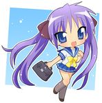  bag chibi hahifuhe hiiragi_kagami lucky_star purple_hair ryouou_school_uniform school_bag school_uniform serafuku solo yellow_neckwear 