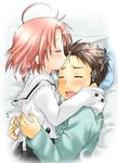  1girl ahoge bed closed_eyes couple hetero hug kiss kogami_akira lucky_star open_mouth pajamas pink_hair shiraishi_minoru short_hair translation_request ubizo 