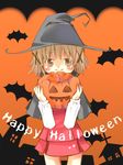  bad_id bad_pixiv_id bat brown_eyes brown_hair hair_ornament halloween happy_halloween hat hidamari_sketch jack-o'-lantern orange_background pumpkin short_hair solo witch_hat x_hair_ornament yuko_(nyakkikki) yuno 