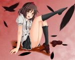  bad_id bad_pixiv_id brown_hair feathers feet geta hat looking_at_viewer mochi.f open_mouth shameimaru_aya shoes short_hair single_shoe skirt smile socks solo tengu-geta thighs touhou 