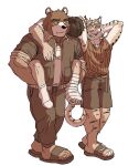  3boys animal_ears arms_behind_head arms_up bara bear_boy bear_ears brown_fur carrying carrying_person closed_mouth commentary furry furry_male jacket juuichi_mikazuki looking_at_another male_focus monochrome morenatsu multiple_boys neo77077 nishimura_hiroyuki_(morenatsu) one_eye_closed open_mouth pants piggyback shorts smile tail tank_top tiger_boy tiger_ears tiger_stripes tiger_tail torahiko_oshima track_jacket track_pants untranslatable_commentary 
