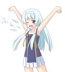  armpits arms_up bad_id bad_pixiv_id bangs blue_hair blunt_bangs clenched_hands cowboy_shot hair_tubes hairband kannagi long_hair nagi one_eye_closed pleated_skirt purple_eyes raised_fists s-no skirt solo stretch white_skirt 