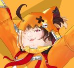 1boy arms_up blonde_hair brown_hair cleft_chin cosplay family_guy fat fat_man gigi_murin gigi_murin_(1st_costume) gigi_murin_(cosplay) highres hololive hololive_english hood hoodie looking_at_viewer male_focus orange_hoodie peter_griffin pink_eyes sethhhlhhh solo virtual_youtuber yellow_background zipper zipper_pull_tab 