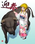  2009 arrow bad_id bad_pixiv_id blonde_hair blue_eyes bull copyright_request full_body furisode hamaya highres japanese_clothes kimono nagian new_year sandals smile solo standing tabi 