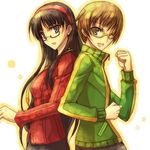  amagi_yukiko glasses hairband isya jacket lowres multiple_girls persona persona_4 satonaka_chie track_jacket 