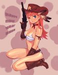  2009 bikini blue_eyes boots breasts cleavage cowboy_hat feathers freckles full_body gloves gun handgun hat holding holding_gun holding_weapon kneeling long_hair medium_breasts new_year one_eye_closed orange_hair original revolver shiohara_shin'ichi solo string_bikini striped striped_bikini swimsuit trigger_discipline weapon western 