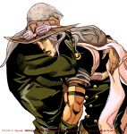 2boys araki_hirohiko_(style) arm_warmers armband beard black_arm_warmers black_armband black_shirt black_sleeves brown_hat brown_lips cape crying crying_with_eyes_open facial_hair father_and_child father_and_son goggles goggles_on_headwear gregorio_zeppeli grey_cape grey_hair grey_sleeves gyro_zeppeli hat highres hug jjba_kk jojo_no_kimyou_na_bouken long_hair long_sleeves makeup male_focus multiple_boys parent_and_child shirt steel_ball_run tears two-tone_sleeves 