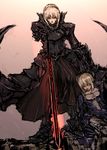  absurdres armor armored_dress artoria_pendragon_(all) black_armor blonde_hair dark_excalibur death dress dual_persona fate/stay_night fate_(series) faulds glowing highres moto_murabito multiple_girls saber_alter sword traditional_media weapon yellow_eyes you_gonna_get_raped 