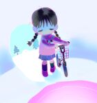  1girl bicycle blush braid closed_eyes closed_mouth igloo long_hair loose_hair_strand madotsuki pink_sweater print_sweater purple_skirt pushing_bicycle red_shoes shoes simple_background skirt snow_shelter socks solo solo_focus sweater tree twin_braids xgshjsgha yume_nikki 