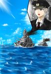  battleship bismarck braid hat military military_uniform military_vehicle miyako_(ta183) necktie ocean peaked_cap ship silver_hair touhou uniform warship water watercraft yagokoro_eirin 