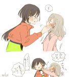  ! 2girls anger_vein black_hair blush ceras_yanagida_lilienfeld ceras_yanagida_lilienfeld_(winter_training_wear) commentary_request cropped_jacket edel_note grey_hair hair_ornament hair_ribbon hand_on_another's_cheek hand_on_another's_face jacket jellyfish_cut kase_(ks_lys) katsuragi_izumi katsuragi_izumi_(winter_training_wear) long_sleeves love_live! love_live!_hasu_no_sora_jogakuin_school_idol_club multiple_girls multiple_views nervous_sweating open_mouth orange_jacket pink_jacket pink_ribbon pushing_away ribbon simple_background spoken_exclamation_mark sweat triangle_hair_ornament virtual_youtuber white_background 