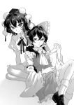  2girls absurdres artist_name ascot bow bowtie breasts closed_mouth collared_shirt commentary_request detached_sleeves frilled_bow frilled_hair_tubes frilled_skirt frills greyscale hair_bow hair_tubes hakurei_reimu hat highres holding_hands interlocked_fingers long_hair medium_breasts medium_hair monochrome multiple_girls pointy_ears pom_pom_(clothes) puffy_short_sleeves puffy_sleeves ribbon-trimmed_sleeves ribbon_trim shameimaru_aya shirt shoes short_sleeves sitting skirt smile socks tokin_hat touhou uehara_suiyo yuri 