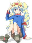  bad_id bad_pixiv_id blue_eyes blush cosplay long_hair maruki_(punchiki) nia_teppelin simon simon_(cosplay) sitting smile solo tengen_toppa_gurren_lagann twintails 