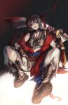  1girl alternate_costume bandana bell black_hair black_nails black_shirt blue_sash commentary_request crow_(nikke) english_commentary goddess_of_victory:_nikke hanbok highres holding holding_sword holding_weapon jingle_bell korean_clothes korean_commentary leaf_in_mouth looking_at_viewer medium_hair mixed-language_commentary multicolored_hair pants red_bandana red_hair sash shirt sitting smile solo streaked_hair sword torn_clothes torn_pants trhisell weapon white_pants 