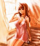  bow_(bhp) breasts brown_hair cleavage large_breasts lingerie long_hair negligee original solo underwear 