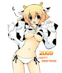  2009 animal_print blonde_hair breasts cow_girl cow_print kikurage_(plastic_people) large_breasts new_year original panties purple_eyes short_hair solo underboob underwear 